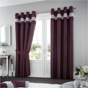 GC GAVENO CAVAILIA Diamante Eyelet Oxy Curtains Pair with Tie Backs Sparkle Striped Ring Top Lounge Curtains 66x90 Inch Aubergine