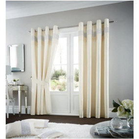 GC GAVENO CAVAILIA Diamante Eyelet Oxy Curtains Pair with Tie Backs Sparkle Striped Ring Top Lounge Curtains 90x90 Inch Cream