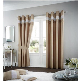 GC GAVENO CAVAILIA Diamante Eyelet Oxy Curtains Pair with Tie Backs Sparkle Striped Ring Top Lounge Curtains 90x90 Inch latte