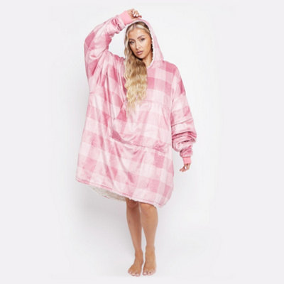 GC GAVENO CAVAILIA Fleece Oversized Check Hoodie Pink , Snuggle Fluffy Blanket Sherpa Hoodie One Size Fits All Unisex Mens Women