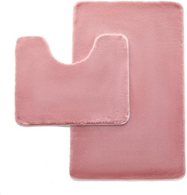 GC GAVENO CAVAILIA Fluffy Bliss 2 Piece Bath Mat Set Blush Pink Fluffy Shaggy Super Absorbent & Washable Anti Slip Shower Mat