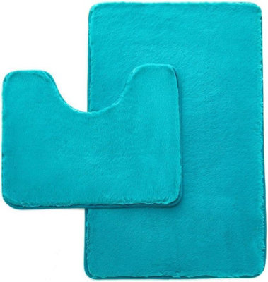 GC GAVENO CAVAILIA Fluffy Bliss 2 Piece Bath Mat Set Teal Shaggy Super Absorbent & Washable Anti Slip Shower Mat