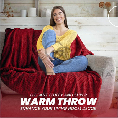 GC GAVENO CAVAILIA Fluffy Pop Throw 150x200CM Red Lightweight Honeycomb Blanket For Bed Settee Throws For Sofas Couch Chair