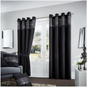 GC GAVENO CAVAILIA Fully Lined Aviv Curtains Black 66x90 Cm Luxurious Diamante Eyelets Ring Top Curtain With Tie Backs