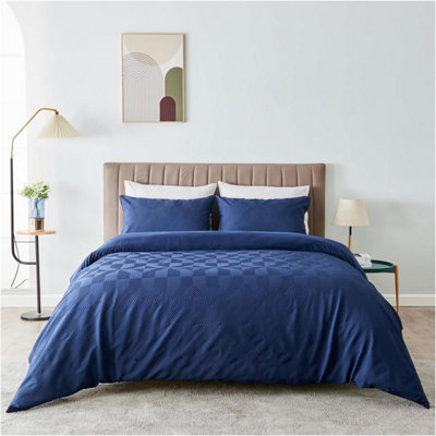 GC GAVENO CAVAILIA Geometric Stripe Pattern Microfiber King Duvet Set, Plain Reversible Embossed 3D Soft Bedding Sets, Navy