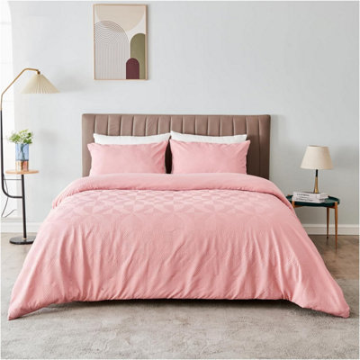 GC GAVENO CAVAILIA Geometric Stripe Pattern Microfiber King Duvet Set, Plain Reversible Embossed 3D Soft Bedding Sets, Pink