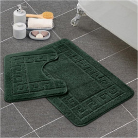 GC GAVENO CAVAILIA Grecian Grace 2 Piece Bath Mat Set Dark Green Quick Dry Water Absorbent Bathroom Shower Mat & Pedestal Set