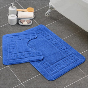GC GAVENO CAVAILIA Grecian Grace 2 Piece Non Slip Bath Mat Set Blue Quick Dry Water Absorbent Bathroom Shower Mat & Pedestal Set