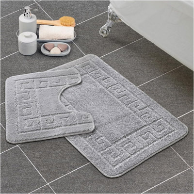 GC GAVENO CAVAILIA Grecian Grace 2 Piece Non Slip Bath Mat Set Silver Quick Dry Water Absorbent Bathroom Shower Mat & Pedestal Set