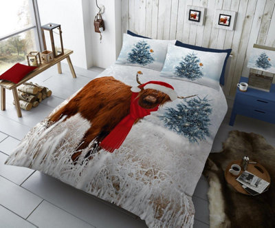 GC GAVENO CAVAILIA Highland Cow Bedding Set Snowflake Duvet Cover With Pillow Case Christmas Animal Quilt Cover Xmas Single Set