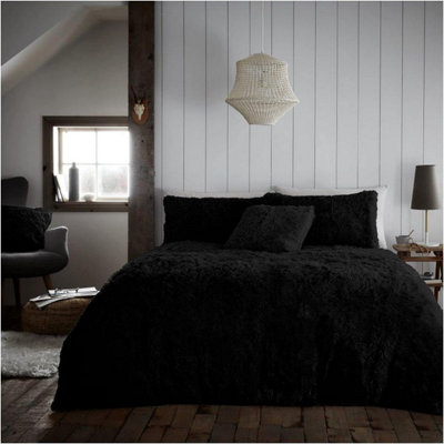 GC GAVENO CAVAILIA Hug & Snug Teddy Fleece Double Black Duvet Cover With Matching Pillowcase Warm Fluffy Soft & Cosy Bedding Set