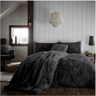 GC GAVENO CAVAILIA Hug & Snug Teddy Fleece Double Charcoal Duvet Cover With Matching Pillowcase Fluffy Soft & Cosy Bedding Set