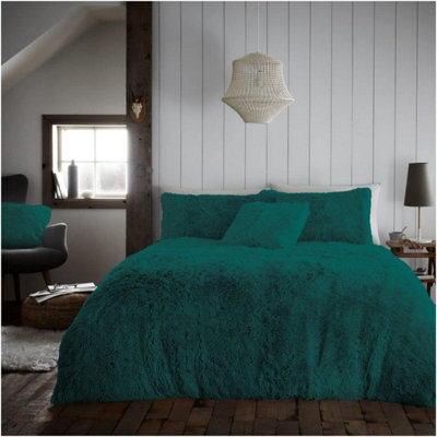 GC GAVENO CAVAILIA Hug & Snug Teddy Fleece Double Green Duvet Cover With Matching Pillowcase Warm Fluffy Soft & Cosy Bedding Set