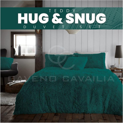 GC GAVENO CAVAILIA Hug & Snug Teddy Fleece Double Green Duvet Cover With Matching Pillowcase Warm Fluffy Soft & Cosy Bedding Set