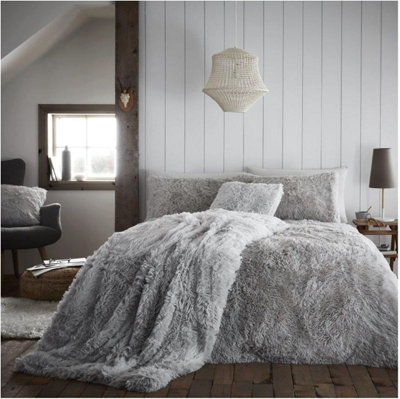 GC GAVENO CAVAILIA Hug & Snug Teddy Fleece Double Grey Duvet Cover With Matching Pillowcase Warm Fluffy Soft & Cosy Bedding Set