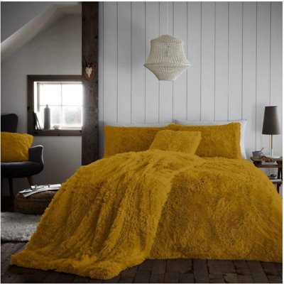 GC GAVENO CAVAILIA Hug & Snug Teddy Fleece Double Ochre Duvet Cover With Matching Pillowcase Warm Fluffy Soft & Cosy Bedding Set