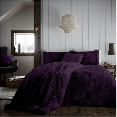 GC GAVENO CAVAILIA Hug & Snug Teddy Fleece Double Purple Duvet Cover With Matching Pillowcase Warm Fluffy Soft & Cosy Bedding Set