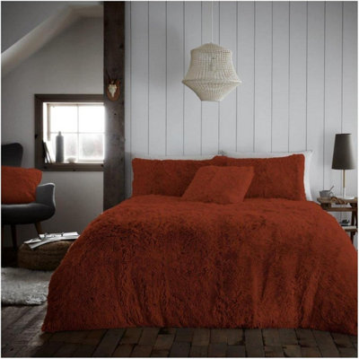 GC GAVENO CAVAILIA Hug & Snug Teddy Fleece Double Rust Duvet Cover With Matching Pillowcase Warm Fluffy Soft & Cosy Bedding Set