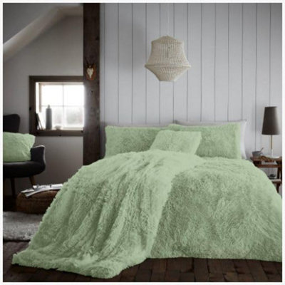 GC GAVENO CAVAILIA Hug & Snug Teddy Fleece Double Sage Green Duvet Cover With Matching Pillowcase Warm Soft & Cosy Bedding Set