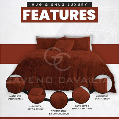GC GAVENO CAVAILIA Hug & Snug Teddy Fleece Single Rust Duvet Cover With Matching Pillowcase Warm Fluffy Soft & Cosy Bedding Set