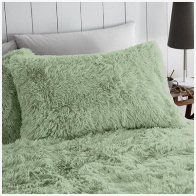 GC GAVENO CAVAILIA Hug & Snug Teddy Fleece Single Sage Green Duvet Cover With Matching Pillowcase Warm Soft & Cosy Bedding Set