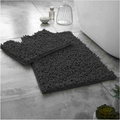 GC GAVENO CAVAILIA Infinity Loop 2 Piece Bath Mat Set Charcoal Super Absorbent Non Slip Shower Mat