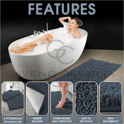 GC GAVENO CAVAILIA Infinity Loop 2 Piece Bath Mat Set Dark Grey Super Absorbent Non Slip Shower Mat