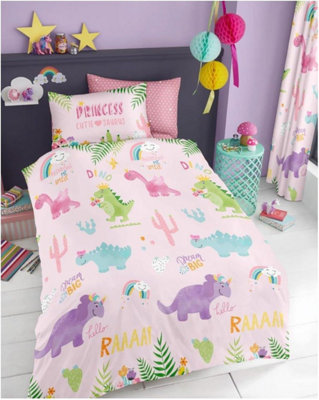 GC GAVENO CAVAILIA Kids Cutie Suraus Pink Single Dinosaur Printed Duvet cover With Matching Pillowcase Reversible Bedding set