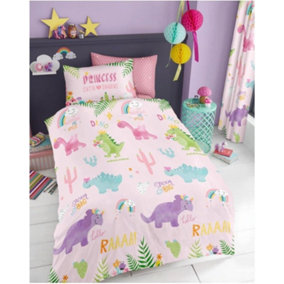 GC GAVENO CAVAILIA Kids Cutie Suraus Pink Single Dinosaur Printed Duvet cover With Matching Pillowcase Reversible Bedding set