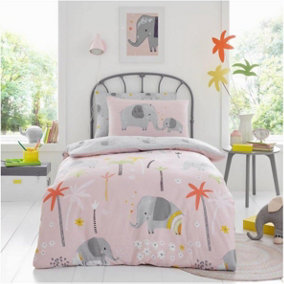 GC GAVENO CAVAILIA Kids Printed Elephant Friends Single Pink Duvet Cover With Matching Pillowcase Bedding Set