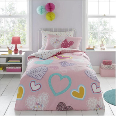 GC GAVENO CAVAILIA Kids Printed Hearts Pink Single Duvet Cover With Matching Pillowcase Bedding Set