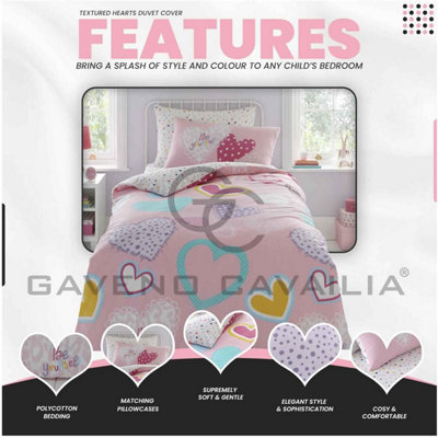 GC GAVENO CAVAILIA Kids Printed Hearts Pink Single Duvet Cover With Matching Pillowcase Bedding Set