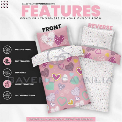 GC GAVENO CAVAILIA Kids Printed Hearts Pink Single Duvet Cover With Matching Pillowcase Bedding Set