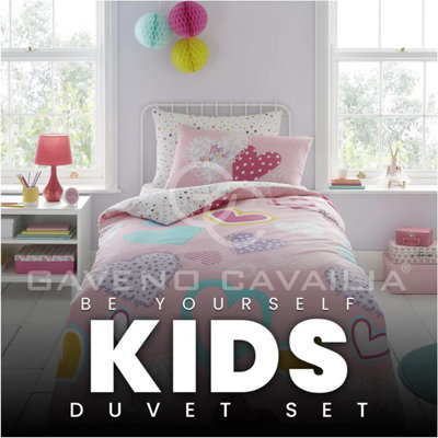 GC GAVENO CAVAILIA Kids Printed Hearts Pink Single Duvet Cover With Matching Pillowcase Bedding Set