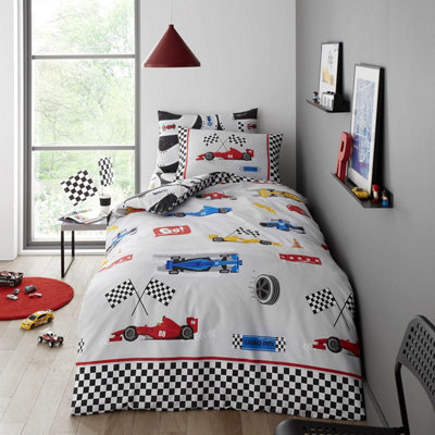 GC GAVENO CAVAILIA Kids Printed Racing Cars Grey Single Duvet Cover With Matching Pillowcase Bedding Set