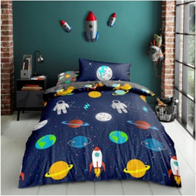 GC GAVENO CAVAILIA Kids Printed Space Galaxy Navy Blue Single Duvet Cover With Matching Pillowcase Bedding Set