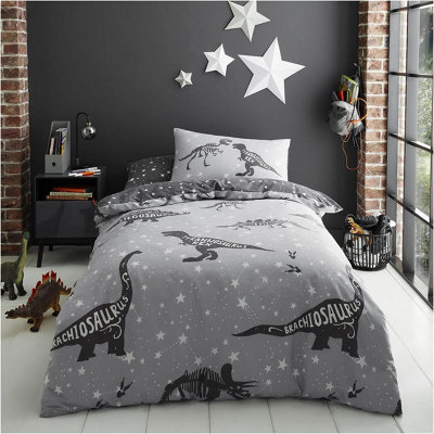 GC GAVENO CAVAILIA Kids Printed Space T-Rex Dinosaur Grey Single Duvet Cover With Matching Pillowcase Bedding Set