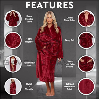 GC GAVENO CAVAILIA Ladies Bathrobe Flannel Plain Burgundy Fleece Super Soft  Plush Dressing Gowns Nightwear Comfortable