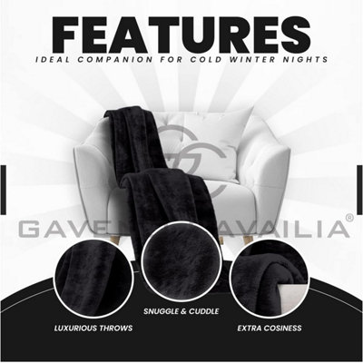GC GAVENO CAVAILIA Luxury Faux Fur Throw 150x200 CM Black Fleece Blanket for Double Bed & Sofa Bed