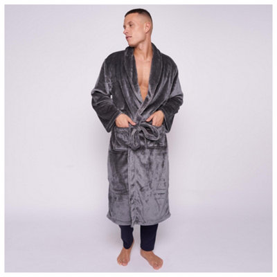 GC GAVENO CAVAILIA Mens Bathrobe Towelling Flannel Plain Charcoal Fleece Dressing Gown Men Warm & Cosy Fluffy Housecoat For Men