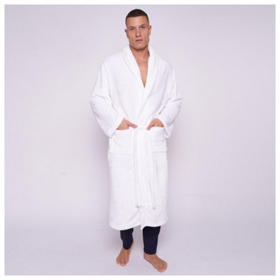 GC GAVENO CAVAILIA Mens Bathrobe Towelling Flannel Plain White Fleece Dressing Gown Men Warm & Cosy Fluffy Housecoat For Men