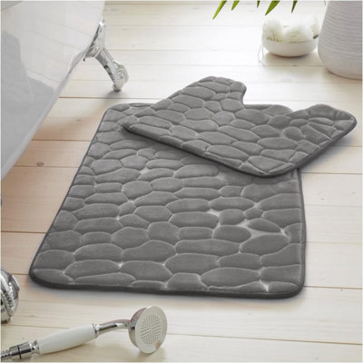GC GAVENO CAVAILIA Pearl Memory 2 Piece Non Slip Bath Mat Charcoal Quick Dry Water Absorbent Bathroom Shower Mat Padestal Set