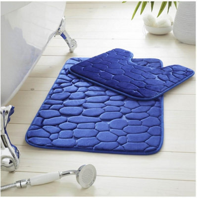 GC GAVENO CAVAILIA Pearl Memory 2 Piece Non Slip Bath Mat Royal Blue Quick Dry Water Absorbent Bathroom Shower Mat & Padestal Set