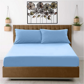 GC GAVENO CAVAILIA Percale Deep Fitted Sheet Double Blue Extra Deep Pocket 16 Inch (40 cm)