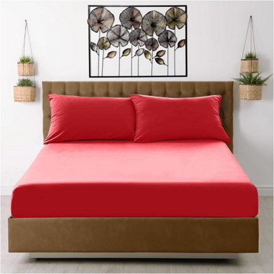 GC GAVENO CAVAILIA Percale Deep Fitted Sheet Double Red Extra Deep Pocket 16 Inch (40 cm)