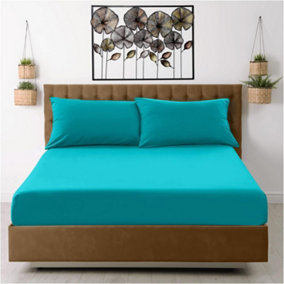 GC GAVENO CAVAILIA Percale Deep Fitted Sheet Double Teal Extra Deep Pocket 16 Inch (40 cm)