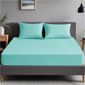 GC GAVENO CAVAILIA Plain Dyed Fitted Bedsheet Double Aqua Super Soft & Comfy Non Iron Fitted Sheet