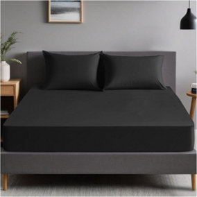 GC GAVENO CAVAILIA Plain Dyed Fitted Bedsheet Double Black Super Soft & Comfy Non Iron Fitted Sheet