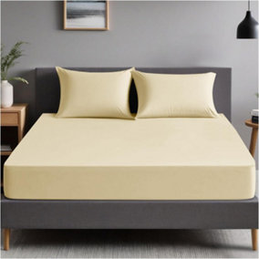 GC GAVENO CAVAILIA Plain Dyed Fitted Bedsheet Double Cream Super Soft & Comfy Non Iron Fitted Sheet