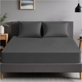 GC GAVENO CAVAILIA Plain Dyed Fitted Bedsheet Super King Charcoal Super Soft & Comfy Non Iron Fitted Sheet